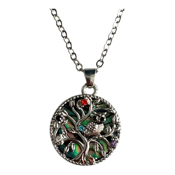 Tree of Life Owl Pendant Necklace with Abalone Shell Inlay & Multicolor Rhinesto - Picture 1 of 5